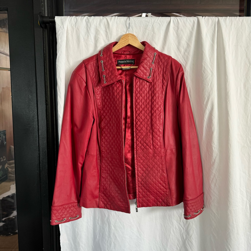 Pamela Mccoy Women’s Red Genuine Leather Jacket With Silver Chains - Size L/Xl